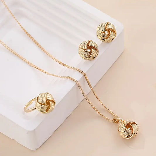 Creatieve 3-delige bruiloftsset – 3D-knoopring, oorbellen en ketting