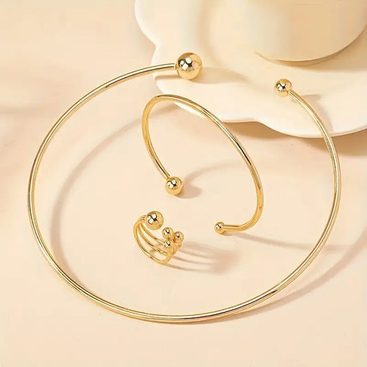 Chique roestvrijstalen set – halsband, armband en ring met modern design, perfect voor cadeaus of feestjes.